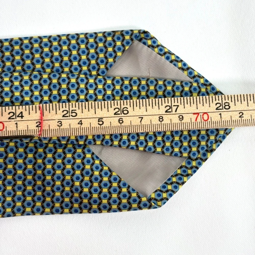 Richel Necktie Blue Yellow Geometric Honeycomb Silk Hand Made Spain
